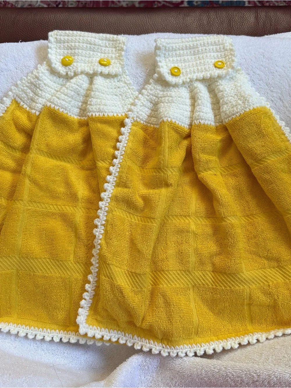 Handmade Yellow Crochet Hanging Kitchen Towels Pair